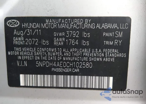 2012 Hyundai Elantra Limited z USA, uszkodzony, nr VIN 5NPDH4AE0CH102580